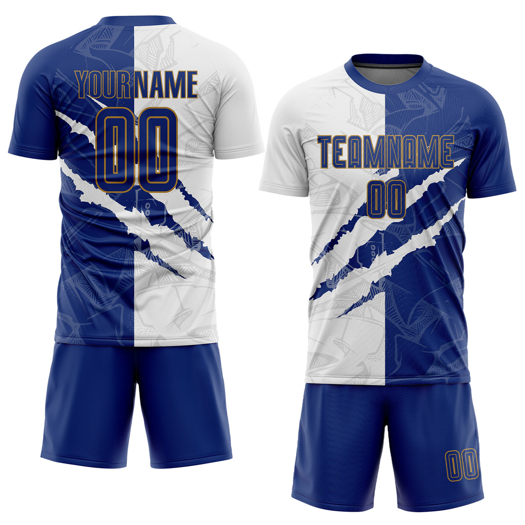 Custom Graffiti Pattern Royal White-Old Gold Sublimation Soccer Uniform Jersey - Image 2