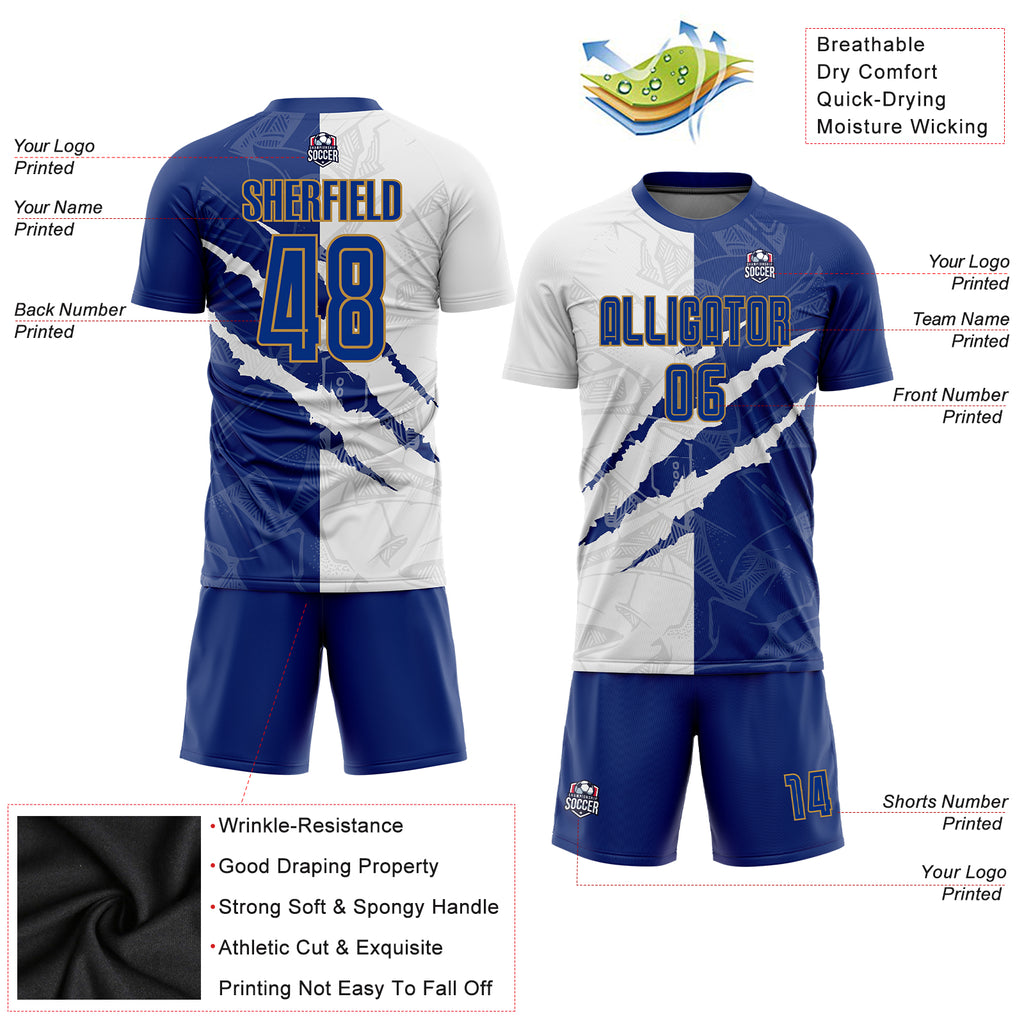 Custom Graffiti Pattern Royal White-Old Gold Sublimation Soccer Uniform Jersey - Image 3