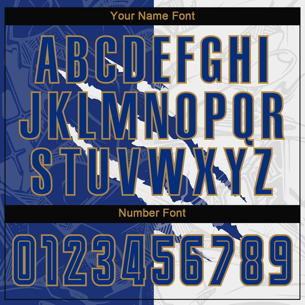Custom Graffiti Pattern Royal White-Old Gold Sublimation Soccer Uniform Jersey - Image 5