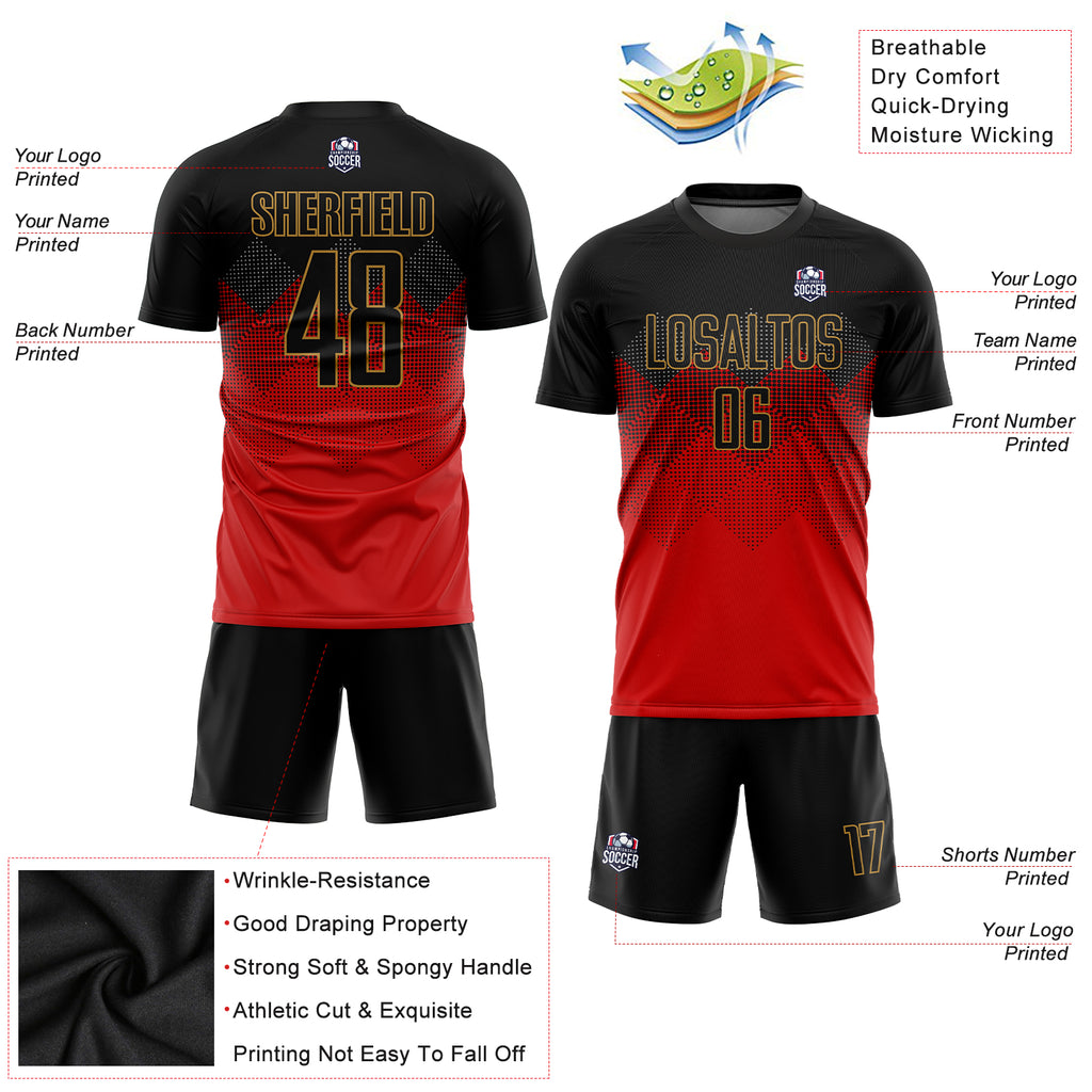 Custom Red Black-Old Gold Sublimation Soccer Uniform Jersey - Image 3