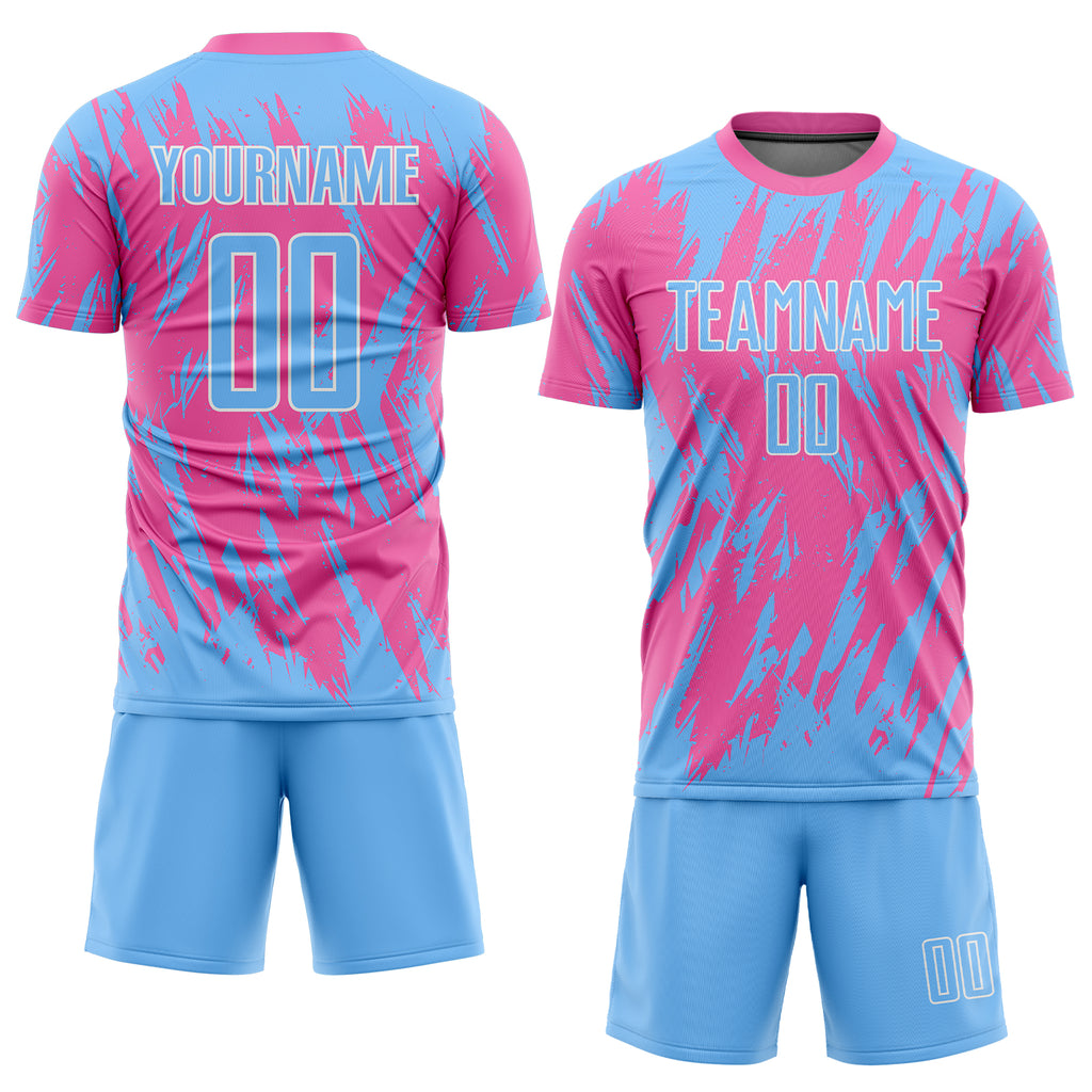 Custom Pink Light Blue-White Sublimation Soccer Uniform Jersey - Image 2