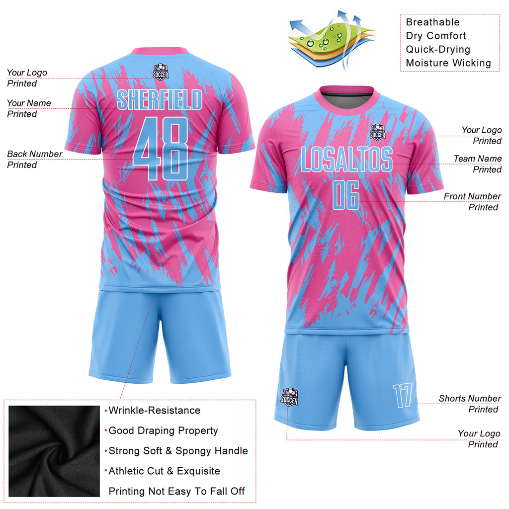 Custom Pink Light Blue-White Sublimation Soccer Uniform Jersey - Image 3