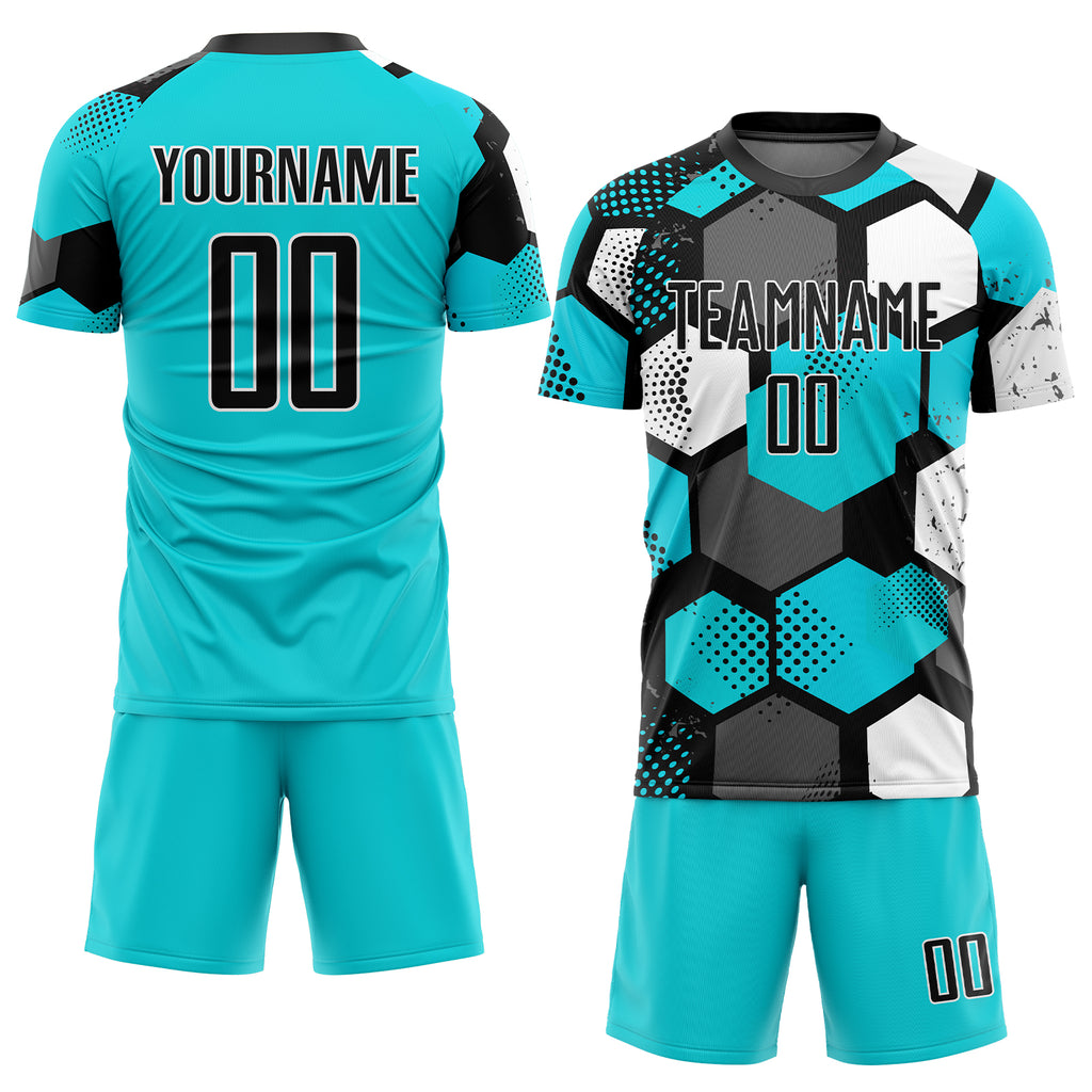 Custom Aqua Black-White Sublimation Soccer Uniform Jersey - Image 2