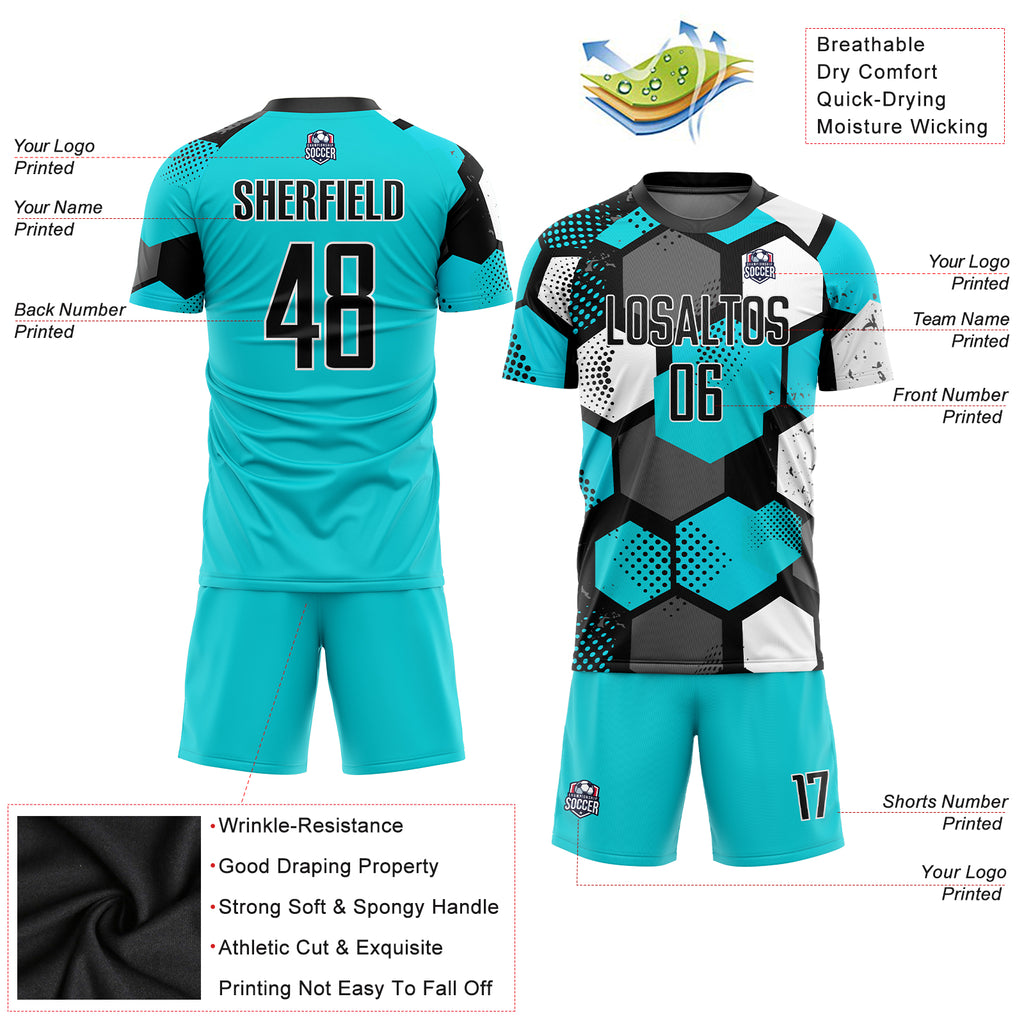Custom Aqua Black-White Sublimation Soccer Uniform Jersey - Image 3