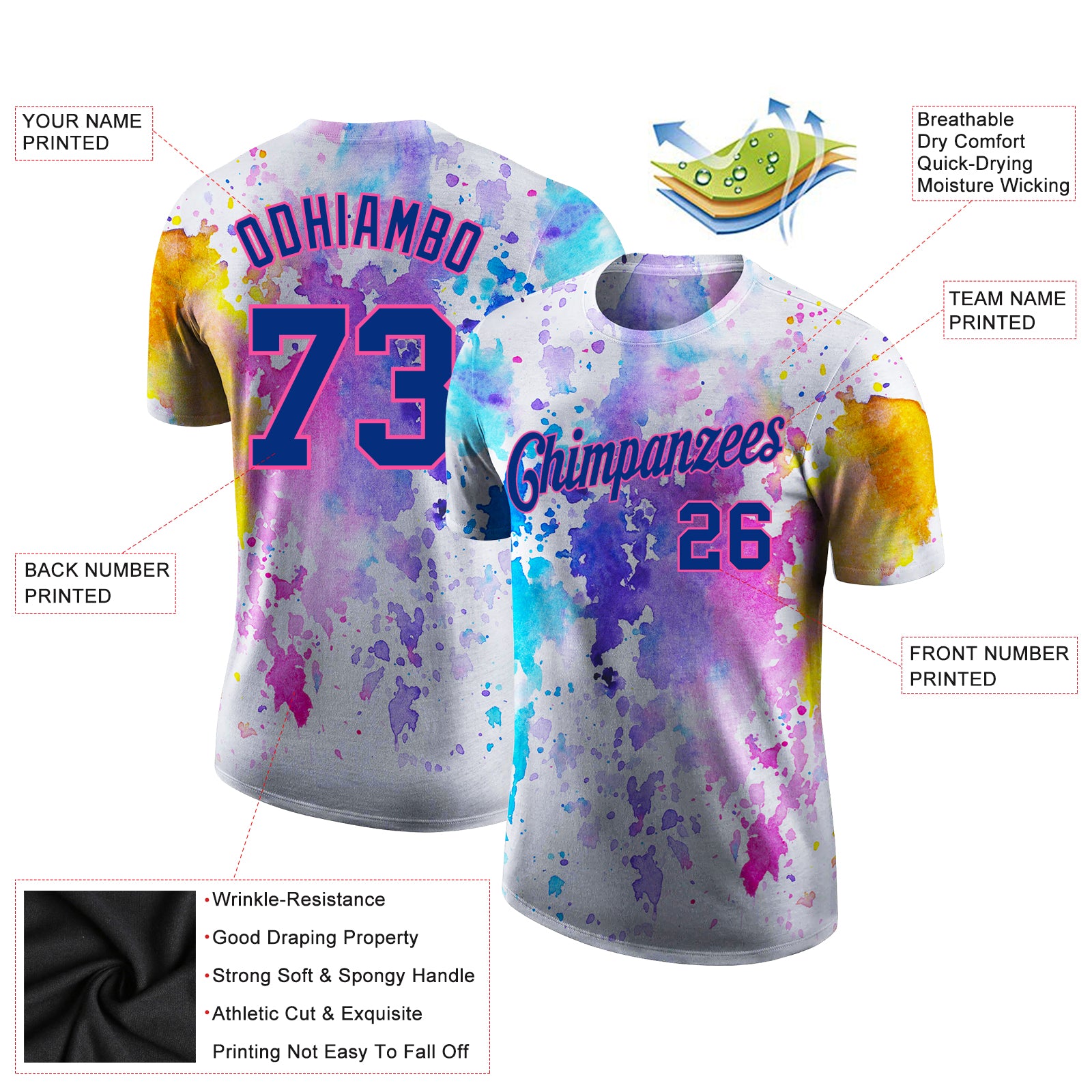Custom 3D Pattern Design Watercolor Performance T-Shirt - Image 2