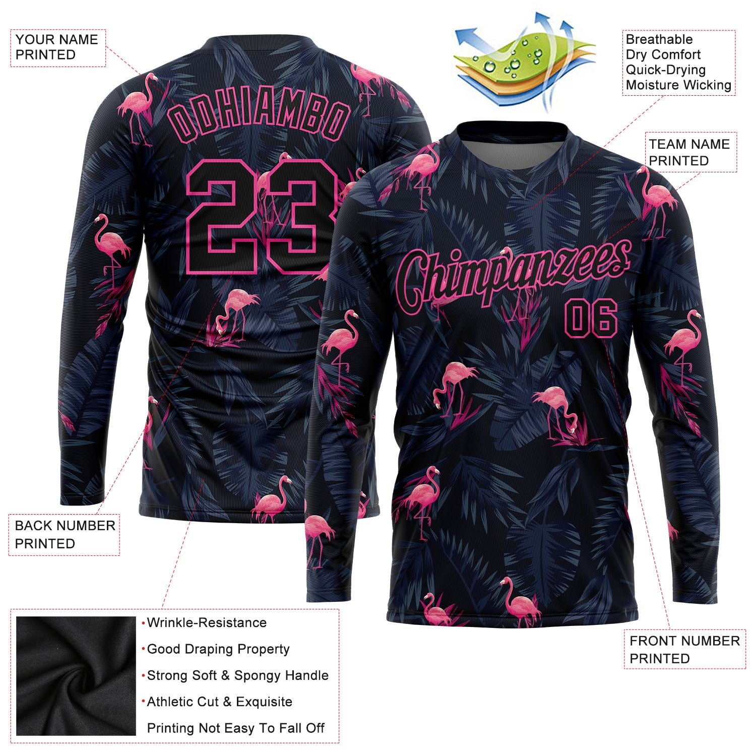 Custom Black Black-Pink Flamingo 3D Pattern Long Sleeve Performance T-Shirt - Image 2