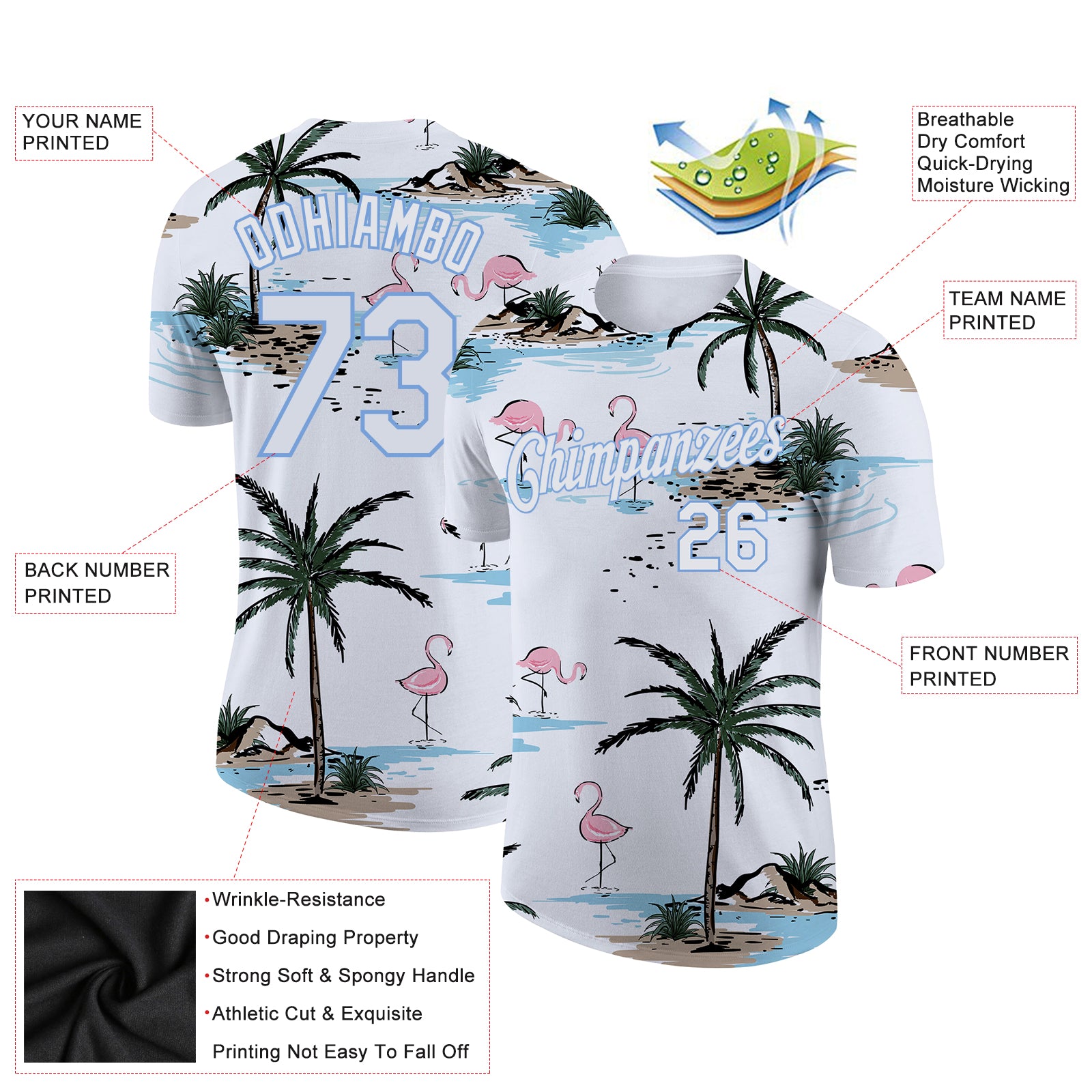 Custom White White-Light Blue 3D Pattern Design Hawaii Palm Trees Performance T-Shirt - Image 2