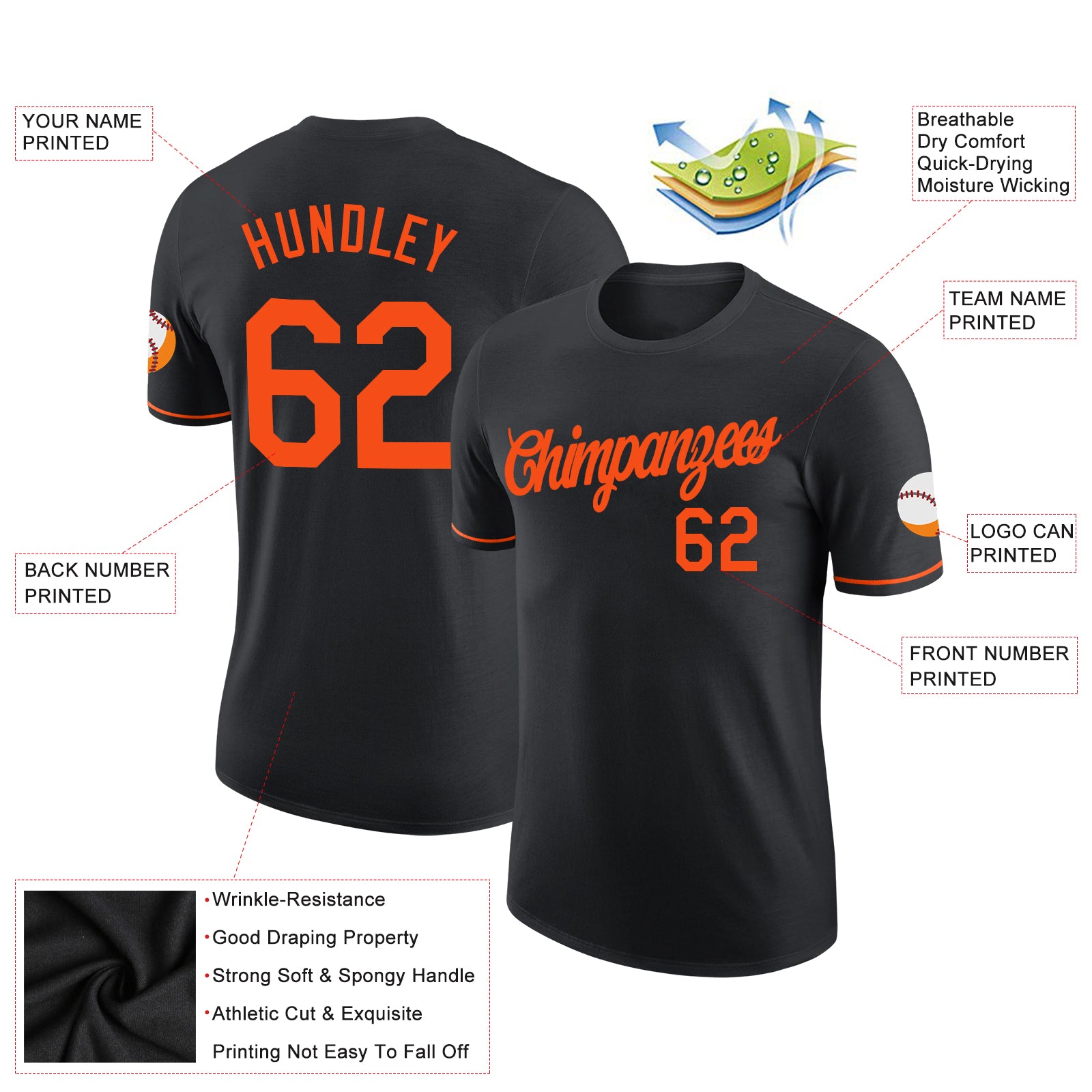 Custom Black Orange Performance T-Shirt - Image 2