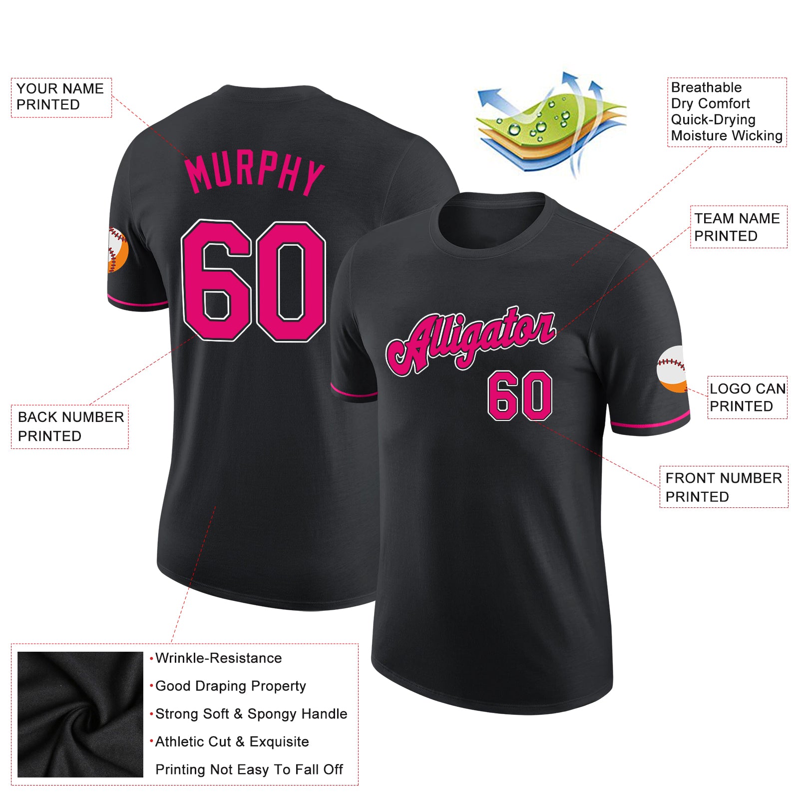 Custom Black Pink-White Performance T-Shirt - Image 2