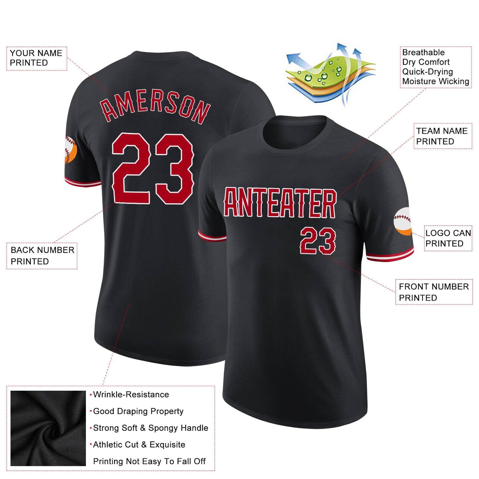 Custom Black Red-White Performance T-Shirt - Image 2
