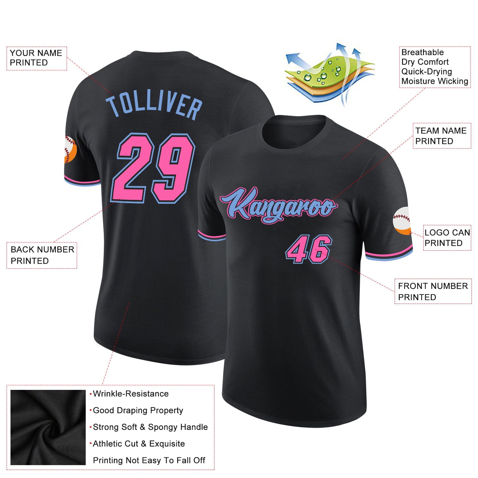Custom Black Pink-Light Blue Performance T-Shirt - Image 2