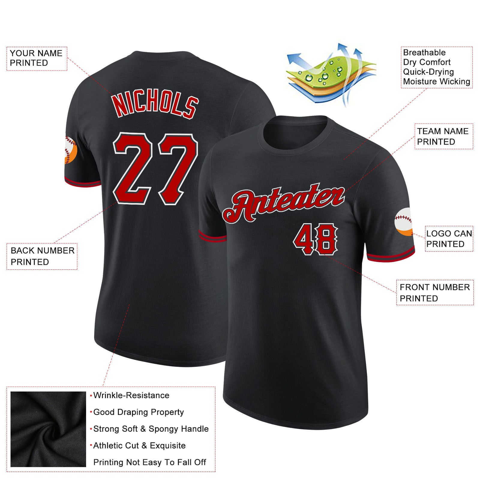 Custom Black Red-White Performance T-Shirt - Image 2