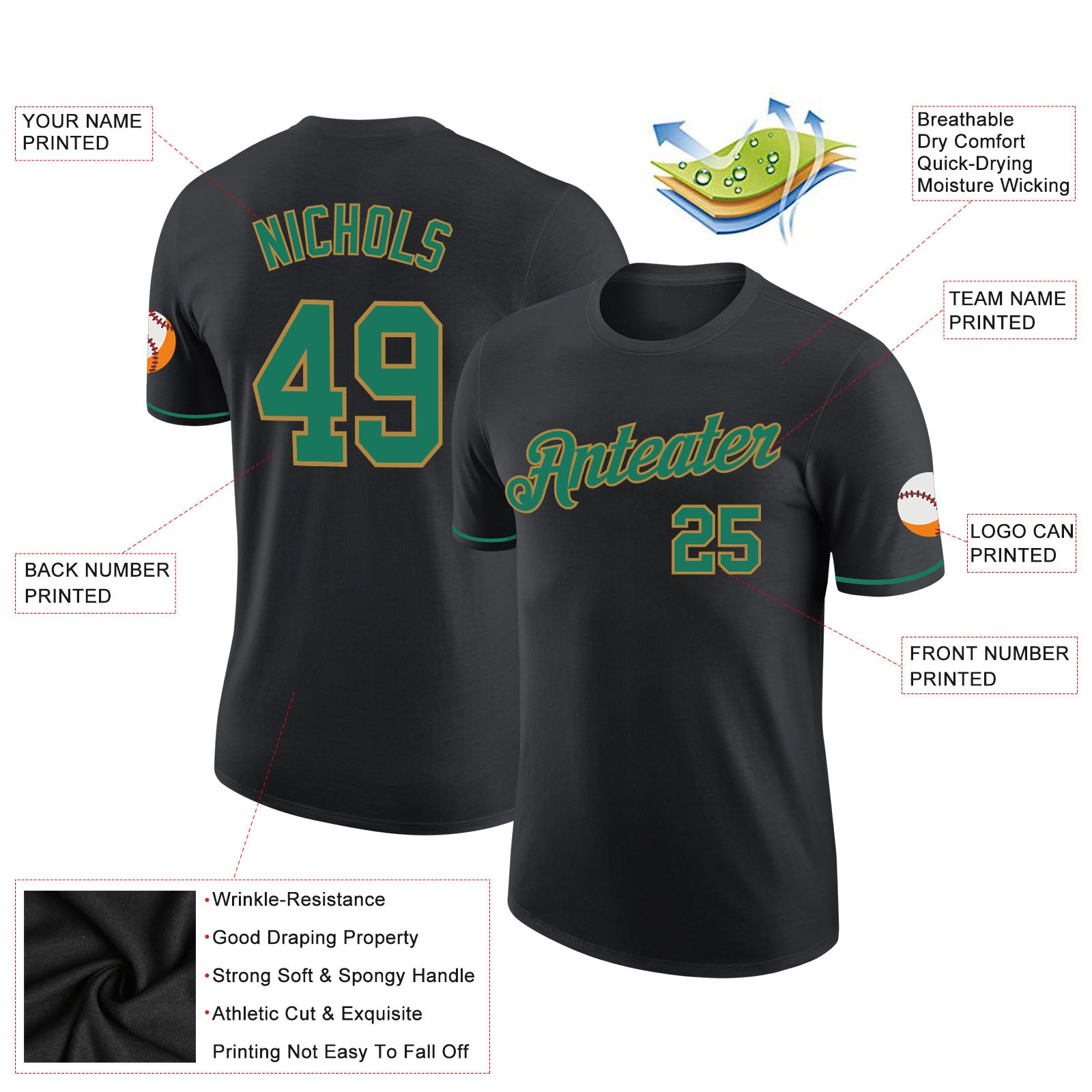Custom Black Kelly Green-Old Gold Performance T-Shirt - Image 2