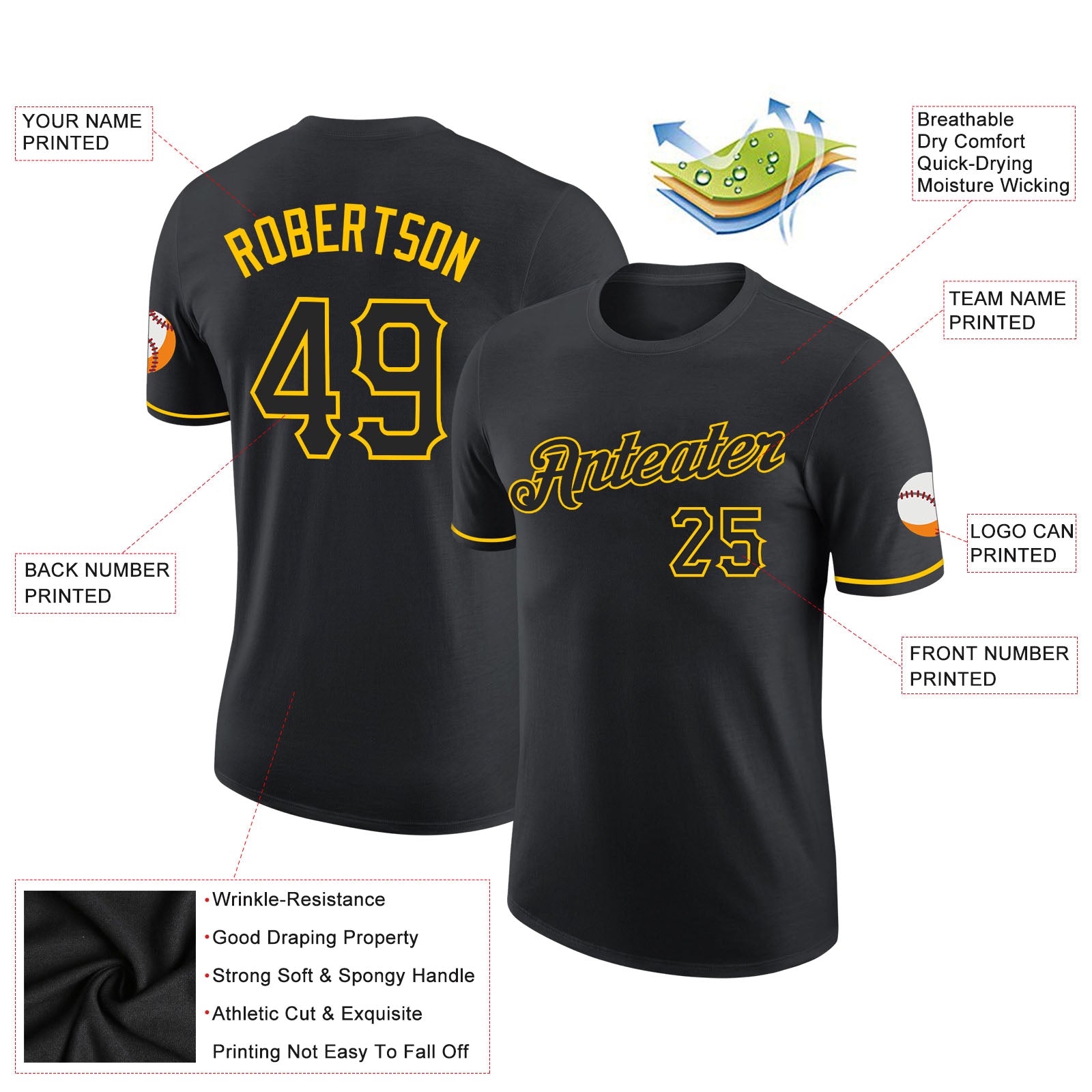 Custom Black Black-Gold Performance T-Shirt - Image 2