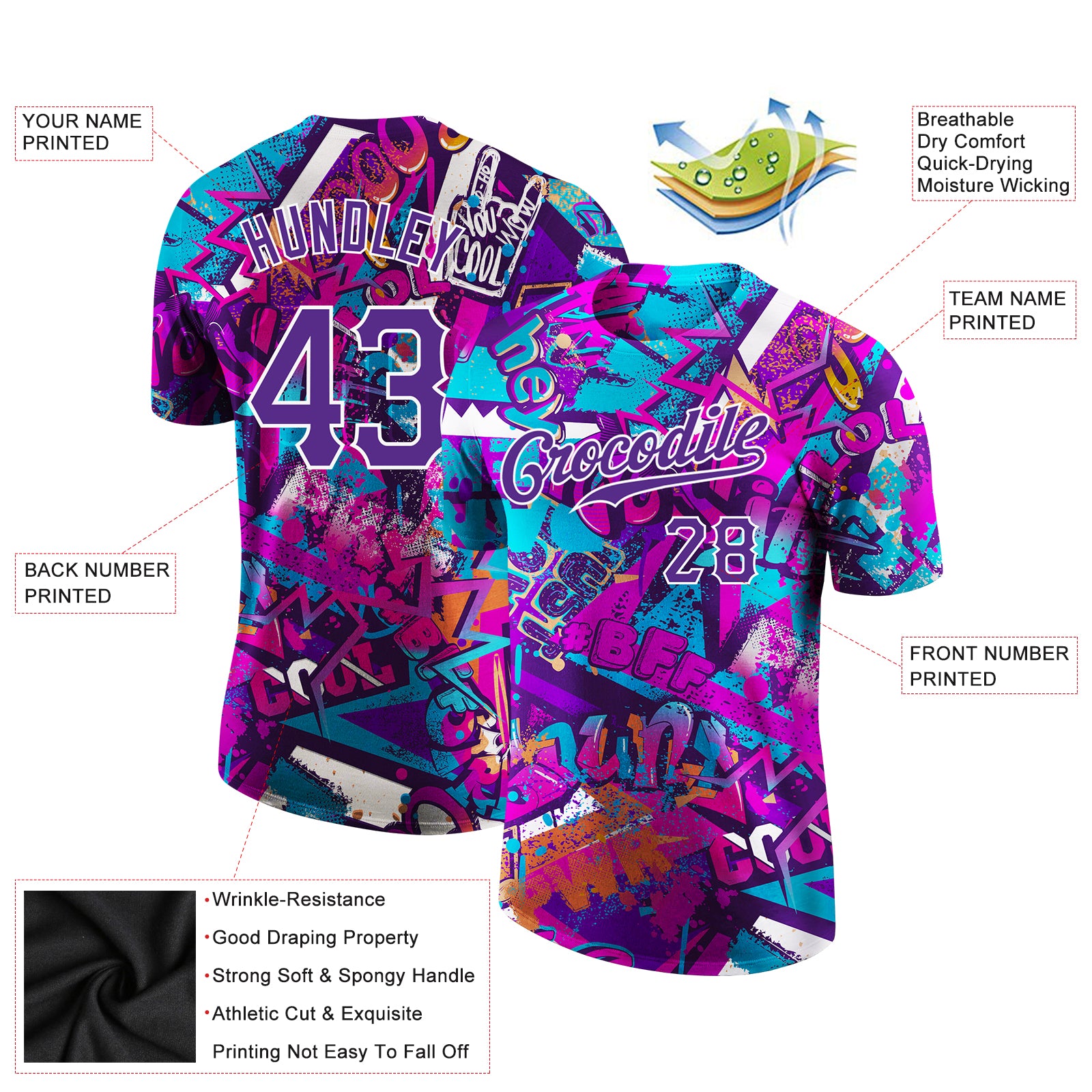 Custom Graffiti Pattern Purple-White 3D Performance T-Shirt - Image 2