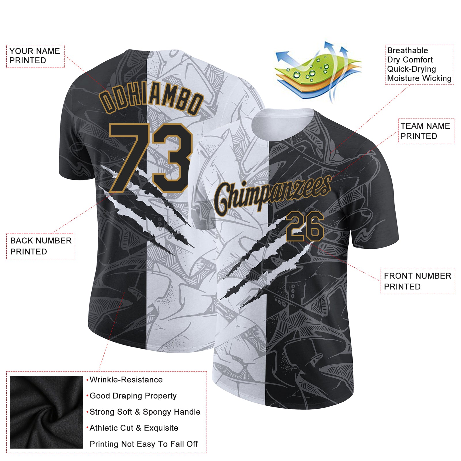 Custom Graffiti Pattern Black-Old Gold 3D Performance T-Shirt - Image 2