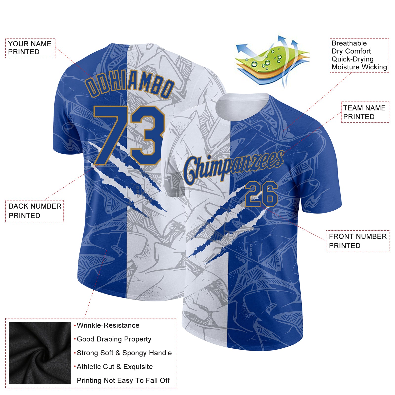 Custom Graffiti Pattern Royal-Old Gold 3D Performance T-Shirt - Image 2