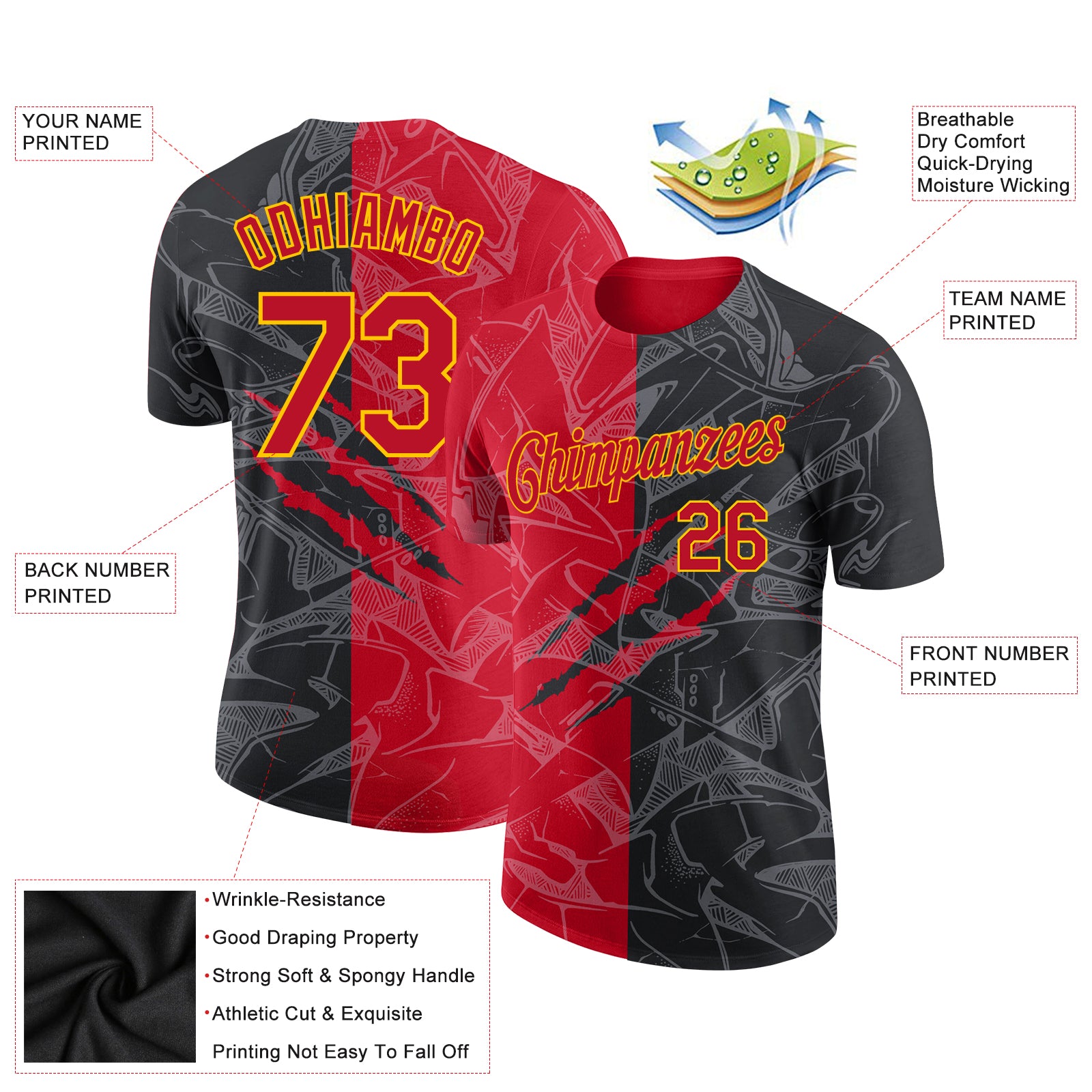 Custom Graffiti Pattern Red-Gold 3D Performance T-Shirt - Image 2
