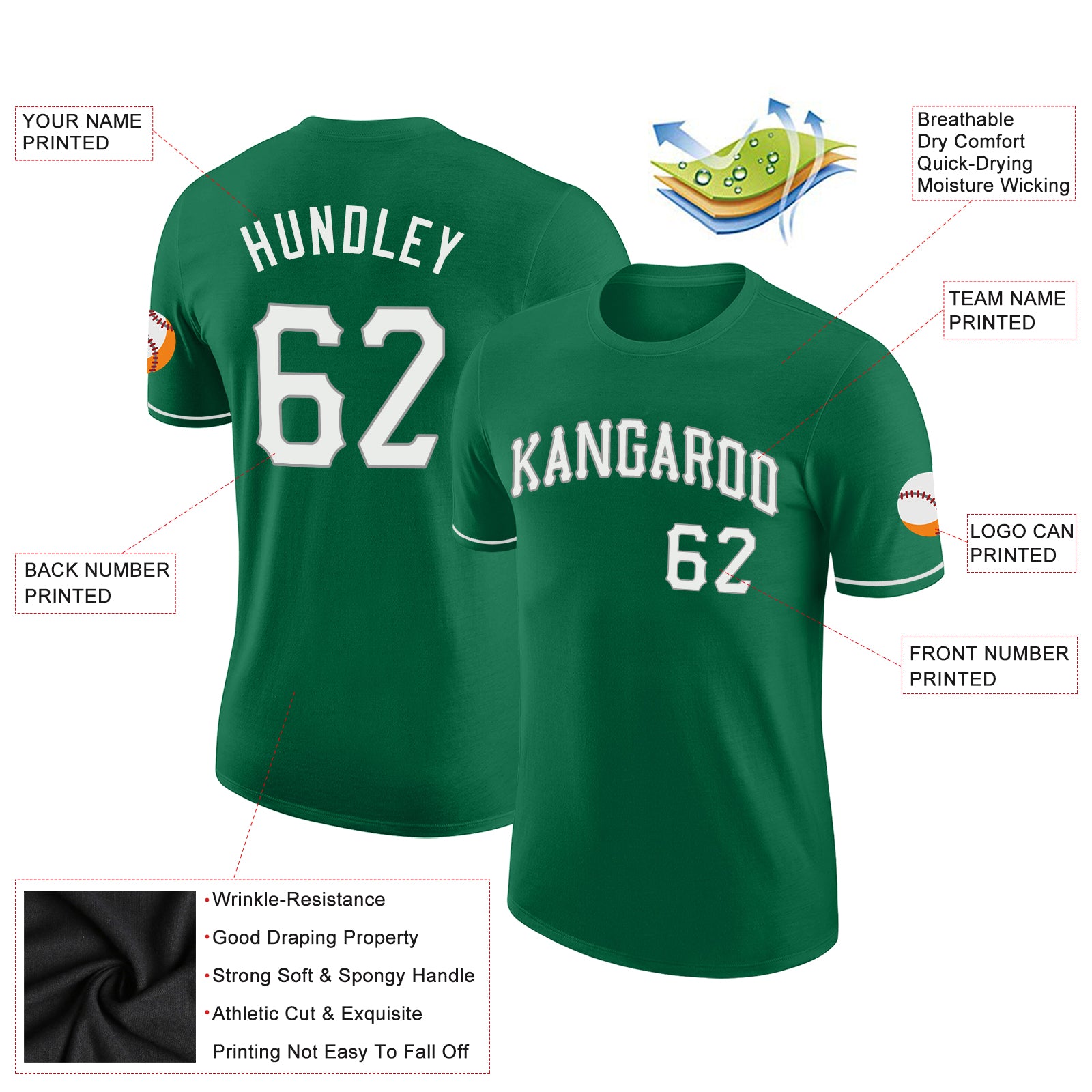 Custom Kelly Green White-Gray Performance T-Shirt - Image 2