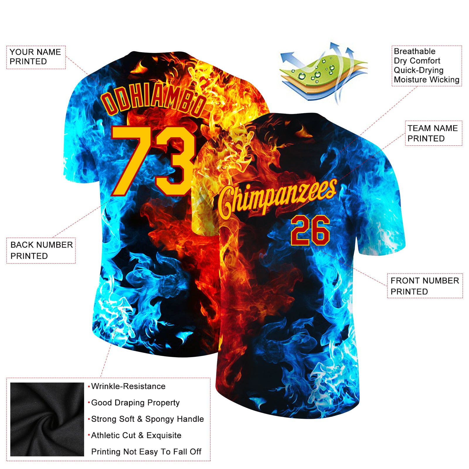 Custom Red Gold-Red 3D Pattern Design Flame Performance T-Shirt - Image 2